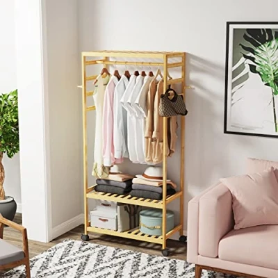 Image of unho Clothes Rail Rack Bamboo: Open Wardrobe Closet with Wheels Garment 3 Tiers Storage Shelves Organizer and One Top Rod for Hanging Bedroom Free Standing Coat