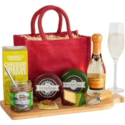Image of InterHamper Cheese and Prosecco Treat Hamper Gift with Prosecco, Truckles, Chutney Crackers all presented in a Red Jute Bag