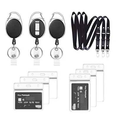 Image of Retractable Lanyards,Lanyards with Card Holder,3 Set Includes Lanyards, Reel Clip and Clear Waterproof id Badge Holder,for lanyards Holder,Key Holder Keyring(Black B03)