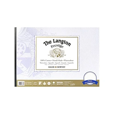 Image of Daler Rowney The Langton Prestige Rough 300gsm 20 x 14in Watercolour Paper Pad, Glued 1 Side, Acid free, 12 Natural White Sheets, Ideal for Professional Artists