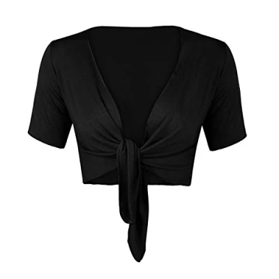 Image of STAR FASHION Women Cap Sleeve Bolero Shrug Tie Up Front Cropped Cardigan Short Sleeves Top Black UK 12 14
