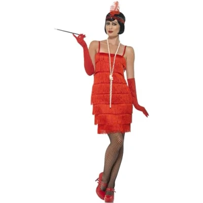 Image of Smiffys Flapper Costume, Red with Short Dress, Headband &amp; Gloves, 1920&#039;s Razzle Fancy Adult Dress Up Costumes