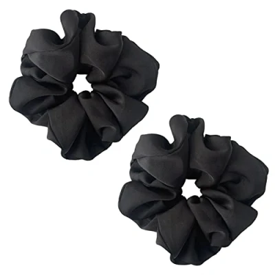 Image of ILamourCar Black Scrunchies for Hair, Large Hair Scrunchies, Elastic Soft Ties Scrunchy Bands Ponytail Women Girls Lady Children (2xBlack)