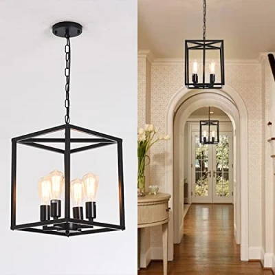 Image of Qcyuui Vintage Lantern Pendant Light, Industrial Metal Cage Foyer Chandeliers Ceiling Lamp, 4 Light Black Hanging Lighting Fixture for Kitchen Island Farmhouse Hallway, E27
