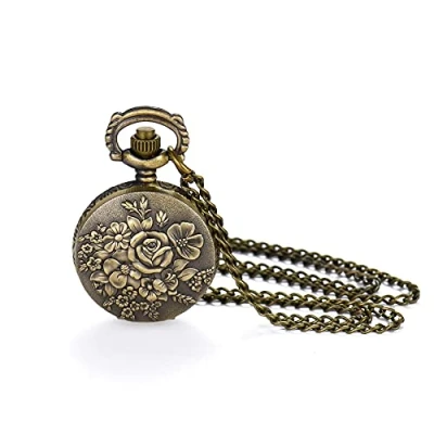 Image of JewelryWe Flower Series Pocket Watch Classic Steampunk Fob Half Hunter Quartz Watches Retro Bronze Pendant Necklace for Women