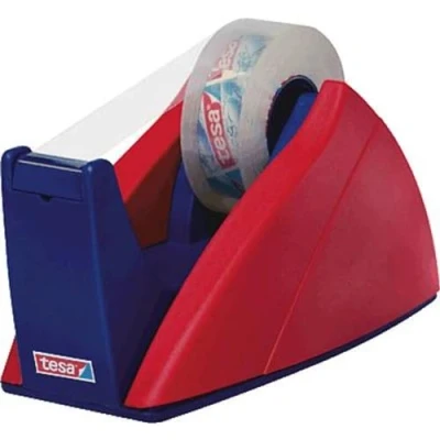 Image of tesa UK Easy Cut Desk Dispenser Professional Refillable Tape for Adhesive Rolls Size 33 m x 19 mm Nonslip in Red/Blue, (57421 00000 03)