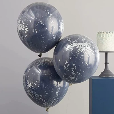 Image of Ginger Ray Navy &amp; Silver Shred Double Stuffed Latex Party Balloons Decorations, 3 Pack