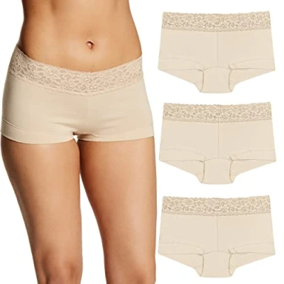 Image of Maidenform Women&#039;s Underwear, Stretch Cotton Boyshort Panties, Assorted, 3 Pack Boy Short, Latte Lift/Latte Lift, M (Pack of 3)