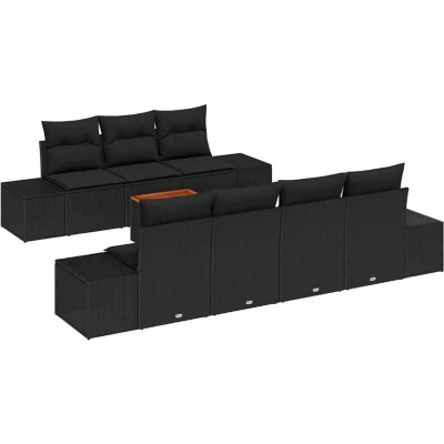 Image of vidaXL 8 Piece Garden Sofa Set with Cushions Black Poly Rattan Acacia