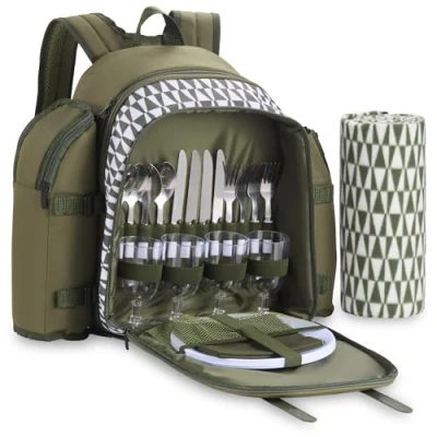 Image of VonShef Picnic Backpack, 4 Person Green Bag with Full Dining &amp; Cutlery Set, Insulated Cooler Compartment Large Waterproof Blanket, Lightweight Water Resistant Camping Accessories