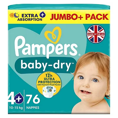 Image of Pampers size 4+ Baby Dry nappies jumbo+ 9 14kg 76s