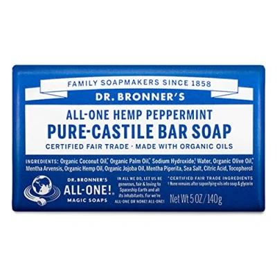 Image of Dr Bronner&#039;s Peppermint Pure Castile Bar Soap, Made with Organic Oils Certified Fairtrade Ingredients, Used for Body, Face and Hair, Vegan Friendly, 140g