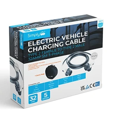 Image of Simply Auto EV005 Electric Vehicle Fast Charging, Lightweight, Durable and Flexible Cable Type 2 to 32AMP 5M 3 Phase, compatible with Porsche, Mercedes, BMW, Tesla