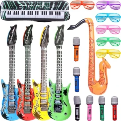 Image of Inflatable Rock Star Toy Set 18 Pack Party Props 4 Guitar, 6 Microphones, Shutter Shading Glasses, 1 Saxophone and Keyboard Piano toys
