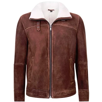 Image of Men&#039;s Brown/Cream Shearling Sheepskin Harington Bomber Leather Flying Jacket 4XL