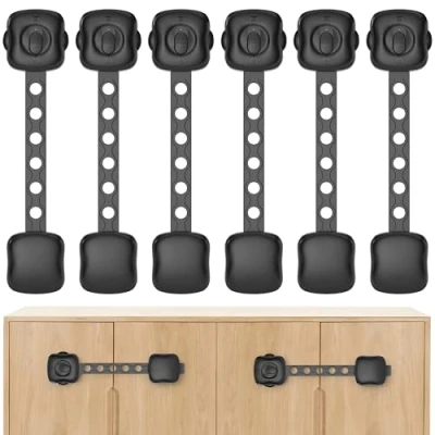 Image of ECHOCUBE Children Safety Cupboard Locks, 6 Pcs Upgrade Double Locks Baby Proof Cabinet Adjustable with Strong 3M Adhesive for Cabinets, Drawers, Fridge, Toilet (Black)