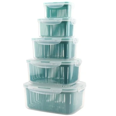 Image of MOUYAT 5 Pack Fridge Storage Containers, Stackable Fruit Vegetable Freezer Boxes with Drain Baskets, Plastic Food Containers Lids for Freezer, Cabinets, Pantry