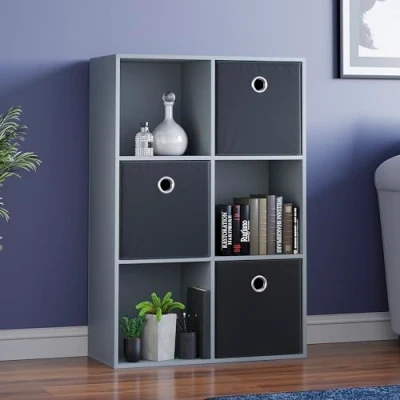 Image of Vida Designs Durham Cube Bookcase Storage Organiser Living Room Bookshelf Home Office Furniture (6 &amp; 3 Black Baskets, Grey)