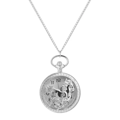 Image of JewelryWe Horse Skeleton Pocket Watch: Men Women Silver Vintage Antique Bronze Quartz Watch Arabic Numerals Timepiece Fob Chain with Sweater Necklace