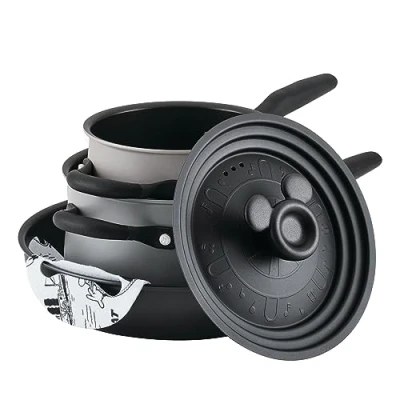 Image of Meyer Disney Stackable Pots and Pans Set Non Stick 100 Steamboat Willie Limited Edition 4 Piece Pan Set, Induction Hob Suitable Cookware