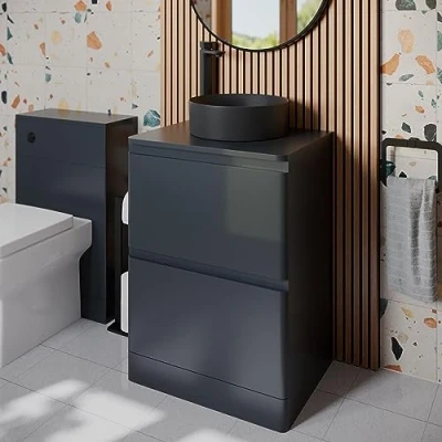 Image of Affine® 600mm Vanity Unit Bathroom Floor Standing Storage Cabinet Cupboard Cloakroom, Soft Close Drawers, Lyon Black Countertop Basin Sink, Anthracite Matt