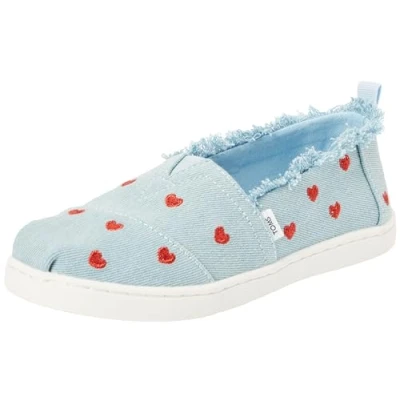Image of TOMS Girl&#039;s Classic Alpargata Loafer Flat, Pastel Blue Washed Denim Metallic Embroidered Hearts, 7 UK Child