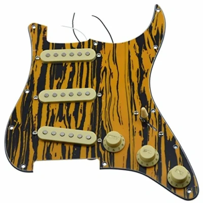Image of KAISH Loaded American ST/Strat Style SSS Pickguard Prewired Pick Guard With Ceramic Pickups for Stratocaster/Strat Black Yellow Stripe Cream Covers and Knobs