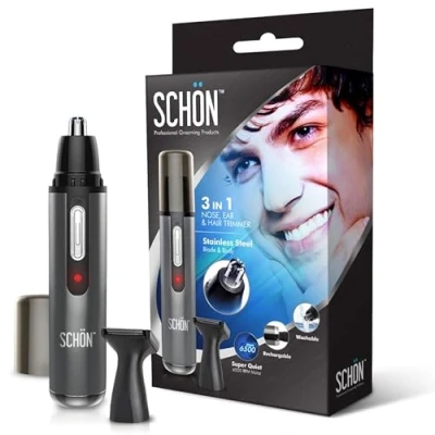 Image of SCHON Stainless Steel Rechargeable 3 in 1 Eyebrow, Ear, Facial, and Nose Hair Trimmer/Clipper for Men,Women Clippers, Flawless Remover, Male Beard Trimmers, Grooming Kit, Groomer (Silver)