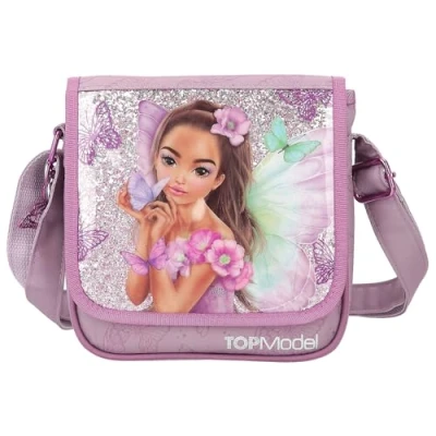 Image of Depesche TOPModel Fairy Love 12778 Small Shoulder Bag in Mauve with Model Motif and Butterflies, Adjustable Strap Front Flap