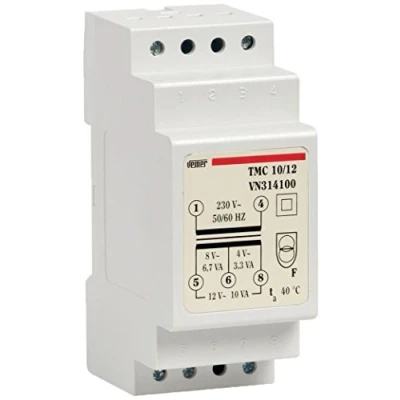 Image of VEMER VN314100 model TMC 10/12 DIN rail mounting safety transformer for continuous service 230V/4 8 12V. Color Grey