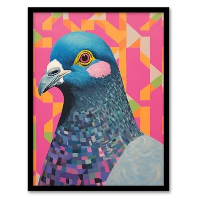 Image of Wee Blue Coo Perky Pigeon Oil Painting Pink Orange Vibrant Animal Portrait Artwork Framed Wall Art Print 18X24 Inch