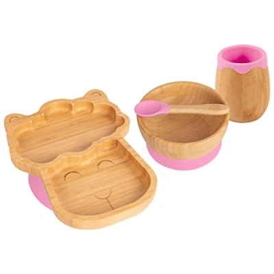 Image of Tiny Dining Llama Bamboo Suction Baby Feeding Set Pink 4pc