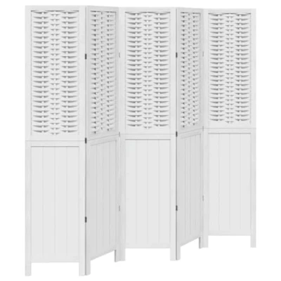 Image of vidaXL 5 Panel Room Divider White, Solid Paulownia Wood &amp; Bamboo, 175 180x180cm, Foldable Privacy Screen for Living Room/Bedroom/Office