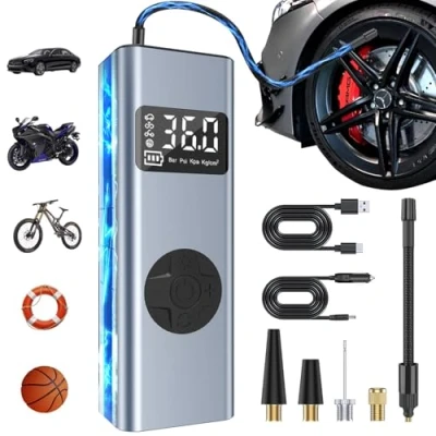 Image of HYCHIKA Tyre Inflator, 12V Electric Car Pump with 4 Modes Preset Pressure and Auto Shut Off, Portable Inflator Air Compressor for Tyres, Bicycles, Other Inflatables