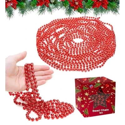 Image of Bead Garland HOV UK® Luxury Christmas Tree Decoration SNOWFLAKE White,Rose Gold,Pearl (8m Red Chain)