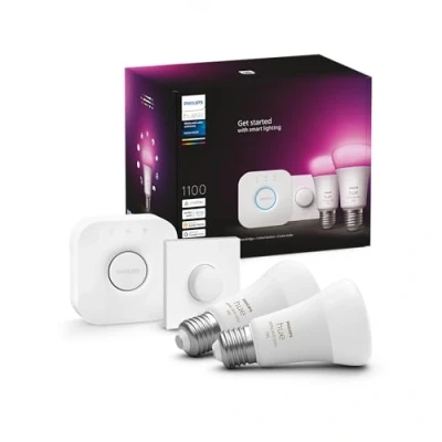 Image of Philips Hue NEW White and Colour Ambiance Smart Light Bulb Starter Kit, 75W 1100 Lumen [E27 Edison Screw] 2 Bulbs + Button. with Bluetooth. Works Alexa, Google Assistant Apple Homekit
