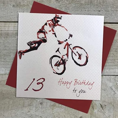 Image of WHITE COTTON CARDS Mountain Biker, Happy 13&quot; Handmade 13th boys Birthday Card, White, SB13 13