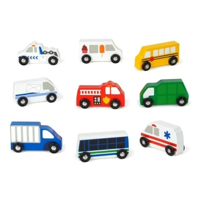 Image of Melissa &amp; Doug Wooden Town Vehicles Toy Trains Trucks 3+ Gift for Boy or Girl