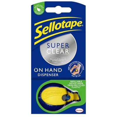 Image of Sellotape On Hand Dispenser with Super Clear Tape, Both hands free for crafting and wrapping, Includes Refillable &amp; Extra Sticky Tape (18mm x 15m)