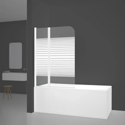 Image of MARWELL White Lines Bath Attachment 100 x 140 cm 2 Piece Foldable Shower Screen in Matte Enclosure Made of 4 mm Tempered Safety Glass for Bathtub