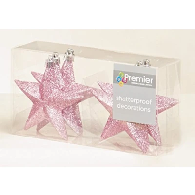 Image of 6 x Dusky Pink Glitter Star Christmas tree Bauble decorations 10cm
