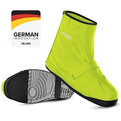 Image of Velmia Shoe Covers with Velcro Fasteners, Reinforced Toe and Large Reflective Zones Reusable 100% Wind &amp; Waterproof for Cycling Outdoors Edge Protection Neon Green 40/43