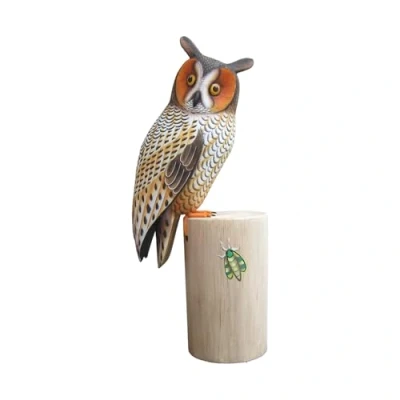 Image of Brave Wings Hand Carved Wooden Owl The Insect Hunter 27cm High OOAK Ornament Sculpture Figurine Statue Unique Table Decoration Home Decor Gift for Christmas and Birthdays 4836