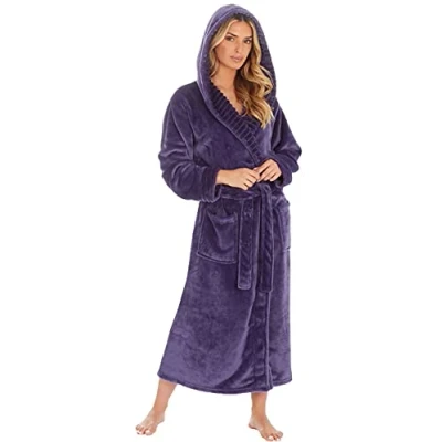 Image of KATE MORGAN Ladies Dressing Gown Fluffy Super Soft Hooded Bathrobe for Women Plush Fleece Perfect Loungewear Long Robe, Gifts (Medium, Purple)