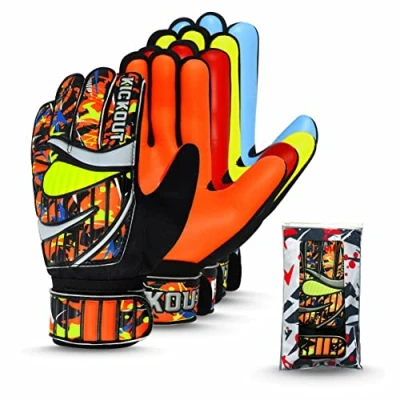 Image of Kickout Premium Goalkeeper Gloves Funky Goalkeeping With 3mm Latex for Super Grip &amp; Protection Adults, Kids, Boys Glove Football Goalie (Size 2 suitable 4 5 Years, Orange)