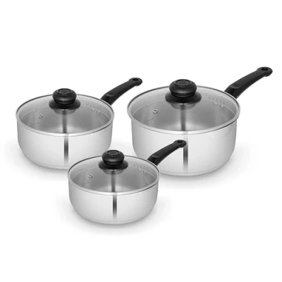 Image of Swan SWPS5025SS Townhouse 3 Piece Stainless Steel Saucepan Set with 16/18/20cm saucepans Glass Lids, Suitable for All Hob Types (including induction),
