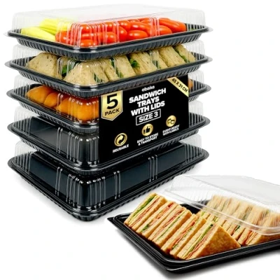 Image of ebake Pack of 5 Sandwich Platter Trays with Lids Reusable Plastic Buffet for Catering, &amp; Meal Prep Serving Parties, Events and Birthdays 45 x 31 7.5 cm