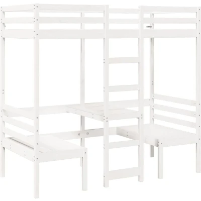 Image of vidaXL Loft Bed Frame with Desk and Chairs White 75x190cm Solid Wood Pine