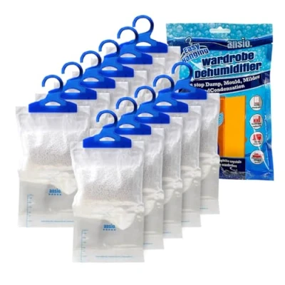 Image of ANSIO Wardrobe Dehumidifier Hanging Bags Pack of 12 Moisture Absorbers, Trap, Condensation, Dehumidifiers for Damp, Mould, Bedroom, Caravan, Bathroom, Basement, Office 210g Each