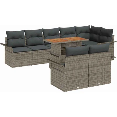 Image of vidaXL 9 Piece Garden Dining Set with Cushions Grey Poly Rattan Acacia